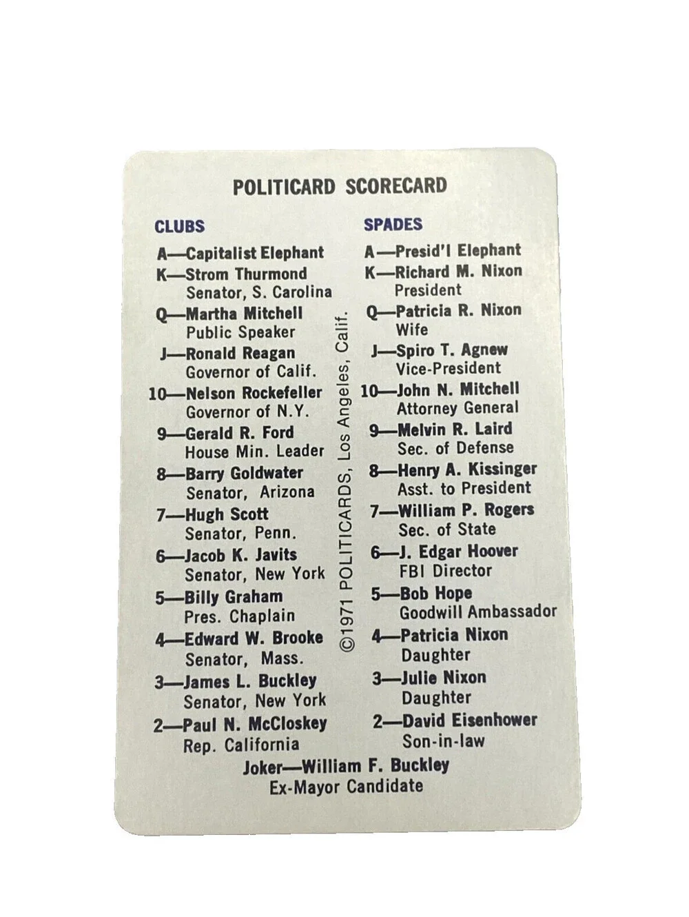1971 Politicards Playing Cards Complete Nixon Reagan VTG LA Calif. Production